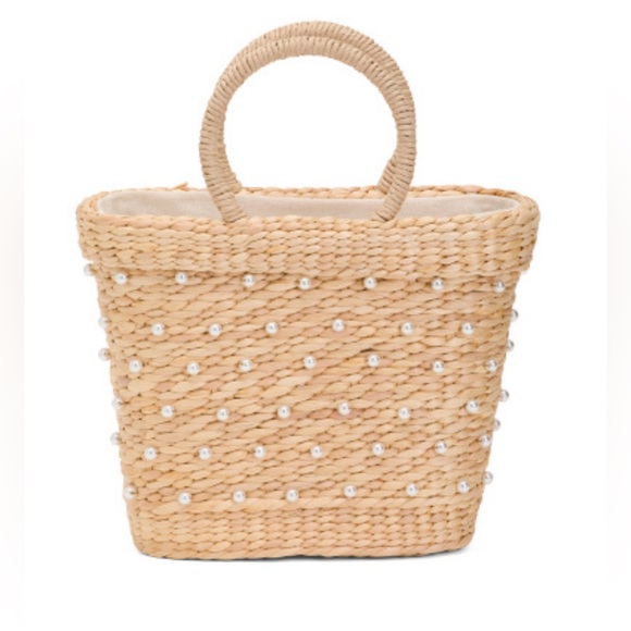 NWT Pearl Embellished Straw Satchel - Picture 1 of 3